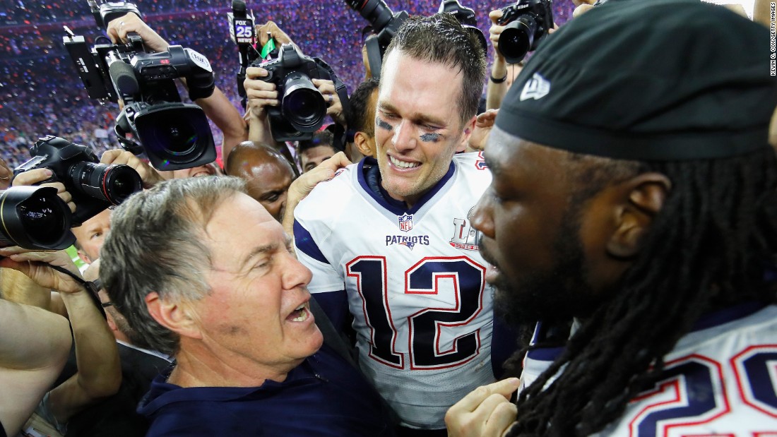 Patriots head coach Bill Belichick, left, talks to running back LeGarrette Blount as Brady looks on. Belichick has now won more Super Bowls (five) than any other head coach in NFL history. He also won two rings as an assistant coach with the New York Giants. &lt;a href=&quot;http://www.cnn.com/2015/01/25/us/gallery/super-bowl-superlatives/index.html&quot; target=&quot;_blank&quot;&gt;See more Super Bowl records&lt;/a&gt;