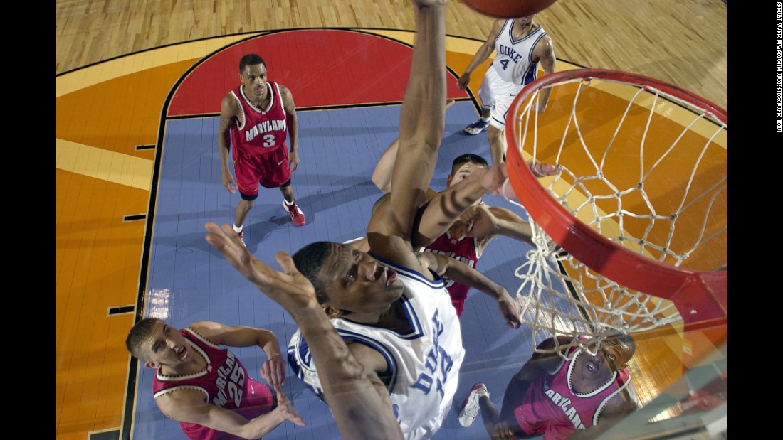 In the 2001 Final Four, the Maryland Terrapins quickly jumped in front, taking a 22-point lead with about seven minutes left in the first half. Duke looked done for, but the Blue Devils -- led by Nate James (pictured), Jay Williams and Shane Battier -- scrapped their way back, trouncing the Terrapins 57-35 in the second half to earn their ticket to the final, which they won.