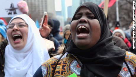 Thousands of Canadians protest against President Donald Trump's travel ban on Muslims during the National Day of Action against Islamophobia and White Supremacy in downtown Toronto, Ontario, Canada, on February 04, 2017. 