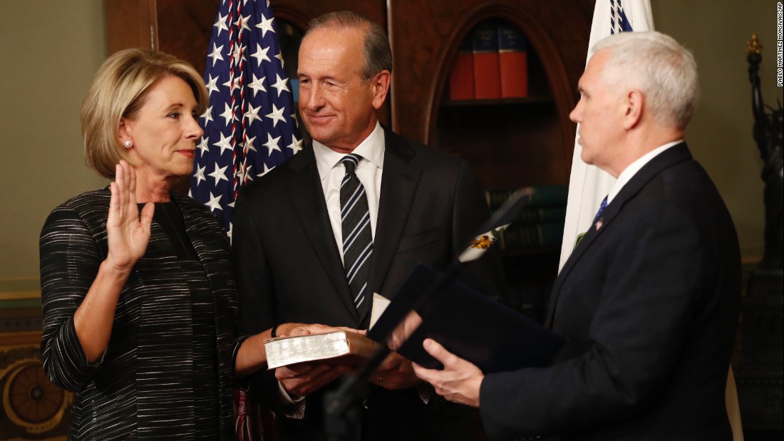 Pence swears in Education Secretary Betsy DeVos next to her husband, Dick, on Tuesday, February 7. Pence &lt;a href=&quot;http://www.cnn.com/2017/02/07/politics/betsy-devos-senate-vote/&quot; target=&quot;_blank&quot;&gt;cast a historic tie-breaking vote&lt;/a&gt; to confirm DeVos after the Senate was divided 50-50.