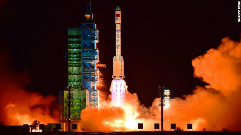 China's Tiangong 2 space lab is launched on a Long March-2F rocket from the Jiuquan Satellite Launch Center in the Gobi Desert.