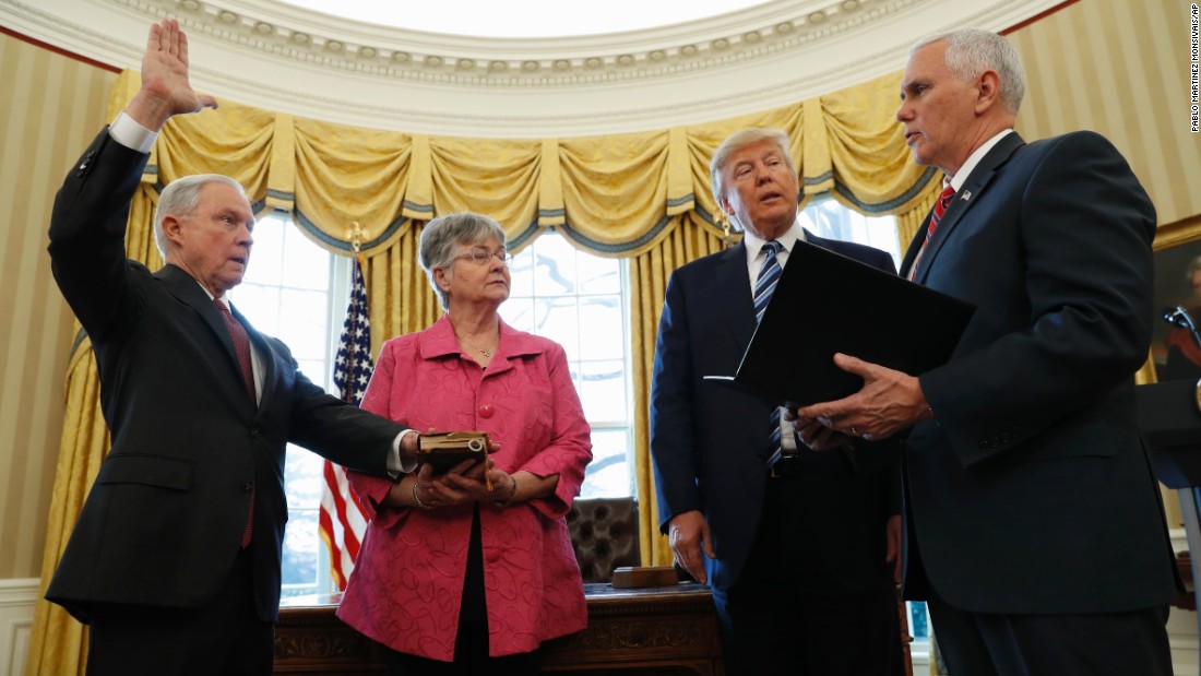 Trump watches as Pence administers the oath of office to Attorney General Jeff Sessions in the White House Oval Office on Thursday, February 9. Sessions, one of Trump&#39;s closest advisers and his earliest supporter in the Senate, was confirmed &lt;a href=&quot;http://www.cnn.com/2017/02/08/politics/jeff-sessions-vote-senate-slog/&quot; target=&quot;_blank&quot;&gt;by a 52-47 vote&lt;/a&gt; that was mostly along party lines. He was accompanied to the swearing-in by his wife, Mary.