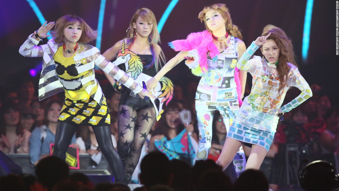 2NE1 at their concert at the MTV Video Music Awards Japan 2012 at Makuhari Messe on June 23, 2012, in Chiba, Japan. The South Korean pop band disbanded November 2016.