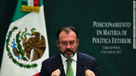 Mexican Foreign Minister Luis Videgaray gives a foreign policy speech after US President Donald Trump vowed to start renegotiating North American trade ties, in Mexico City on January 23, 2017. 
Trump's vows to scrap the North American Free Trade Agreement to protect US jobs have raised concern in Mexico, which sends most of its exports to the United States. Pena Nieto's office said he congratulated Trump on taking office in a phone call Saturday and that both had agreed to open a "new dialogue." / AFP / RONALDO SCHEMIDT        (Photo credit should read RONALDO SCHEMIDT/AFP/Getty Images)