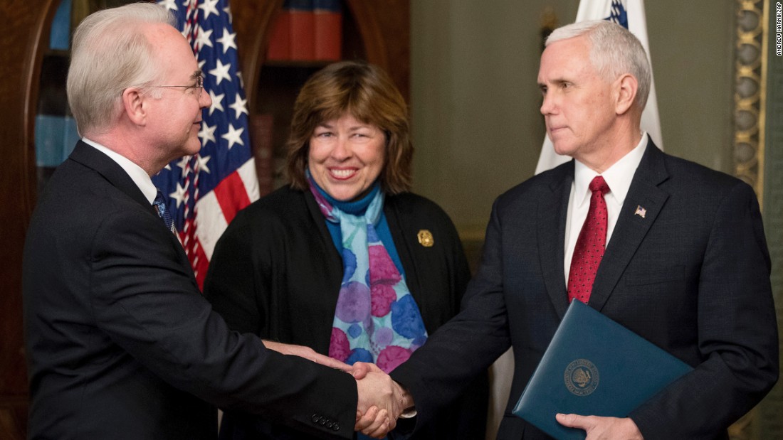 Pence shakes hands with Health and Human Services Secretary Tom Price -- who was accompanied by his wife, Betty -- after a swearing-in ceremony on Friday, February 10. Price, a former congressman from Georgia, &lt;a href=&quot;http://www.cnn.com/2017/02/09/politics/tom-price-confirmation-vote/&quot; target=&quot;_blank&quot;&gt;was confirmed 52-47&lt;/a&gt; in a middle-of-the-night vote along party lines.