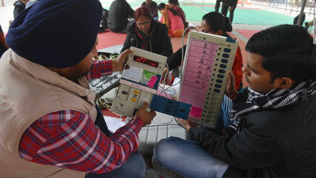 Indian election officials examine Electronic Voting Machines (EVM) at a distribution centre in Amritsar on February 3. The final count is on March 11, after a seven-phase voting period.
