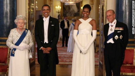 Former US President Barack Obama and wife Michelle pose with Queen Elizabeth II and Prince Philip, Duke of Edinburgh ahead of the 2011 state banquet. 