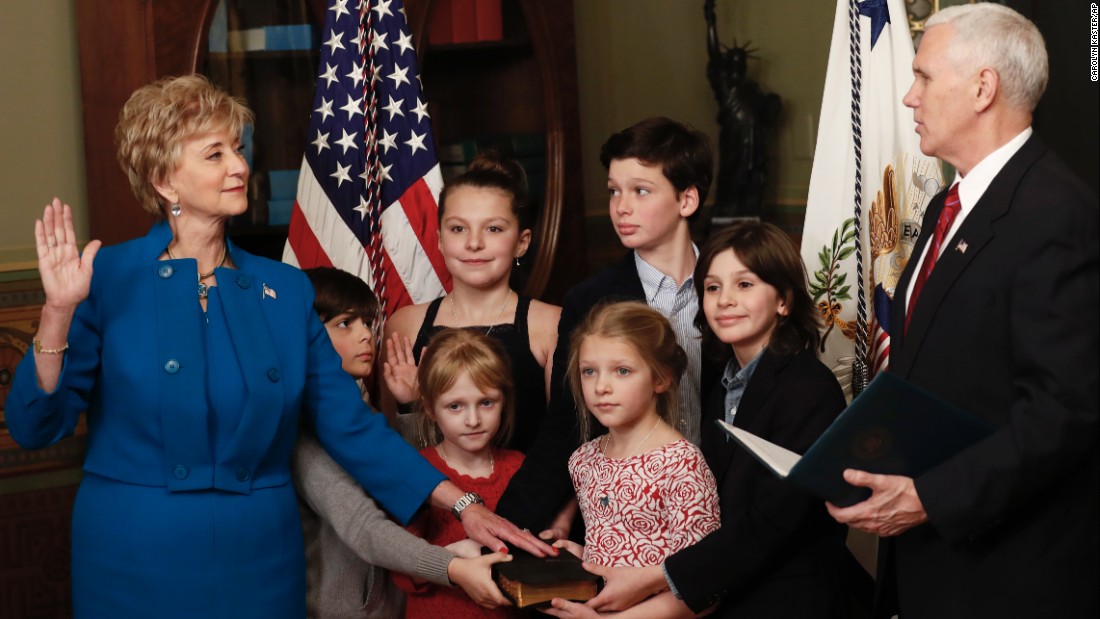 Linda McMahon is joined by her six grandchildren as she is sworn in as chief of the Small Business Administration on Tuesday, February 14. McMahon, &lt;a href=&quot;http://www.cnn.com/2016/12/07/politics/linda-mcmahon-picked-to-be-small-business-administrator/&quot; target=&quot;_blank&quot;&gt;the former CEO of World Wrestling Entertainment,&lt;/a&gt; was confirmed by a vote of 81-19.