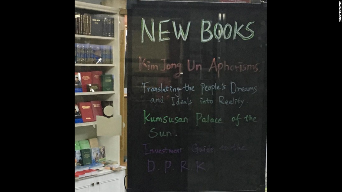 Book titles are listed in English at a bookshop for tourists in the Yanggakdo Hotel in Pyongyang.