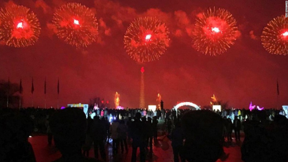 North Korean soldiers watch fireworks on February 16, in Pyongyang.