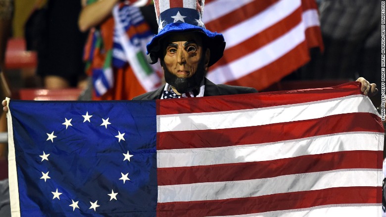 LAS VEGAS, NV - FEBRUARY 14:  A fan dressed as Abraham Lincoln cheers during the United States team&#39;s game against Canada during the USA Sevens Rugby tournament at Sam Boyd Stadium on February 14, 2015 in Las Vegas, Nevada. The United States won 20-0.  (Photo by Ethan Miller/Getty Images)