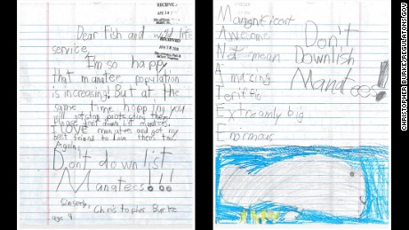 Christopher Burke, 9, pleaded for officials to keep the current status: &quot;I&#39;m so happy that manatee population is increasing! But at the same time hopping you will not stop protecting them! Please don&#39;t down list manatees. I LOVE manatees and got my best friend to love them too.&quot;