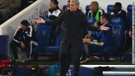 Mourinho, then-manager of Chelsea, reacts during the league match between Leicester City and Chelsea that led to his sacking in 2015.