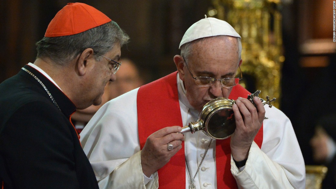 The vessel held here by Pope Francis  is said to contain the dried blood of Saint Januarius. The vial is kept in Italy&#39;s Naples Cathedral. It&#39;s brought out three times a year for prayer ceremonies, during which it is said to liquefy. However, the blood doesn&#39;t always assume its liquid state -- as was the case on December 16, 2016. According to legend, that could foreshadow disaster in the coming year. To learn more about the evidence behind Christian relics, artifacts and the historical Jesus, watch CNN&#39;s original series &lt;a href=&quot;http://www.cnn.com/shows/finding-jesus&quot;&gt;&quot;Finding Jesus,&quot;&lt;/a&gt; Sunday nights at 9 ET/PT.