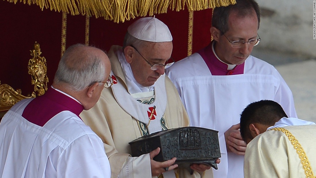 Pope Francis holds a box -- found in a tomb beneath Saint Peter&#39;s Basilica in Vatican City -- which the Catholic Church claims contains the bones of Saint Peter. The relics were first discovered in the 1940s, but Pope Francis put them on display to the public for the first time in 2013.