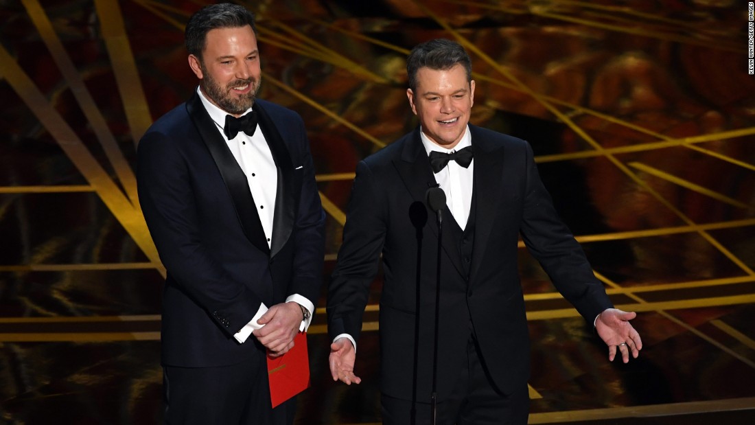 Ben Affleck, left, and Matt Damon present the Oscar for best original screenplay. That award went to Kenneth Lonergan for &quot;Manchester by the Sea.&quot;