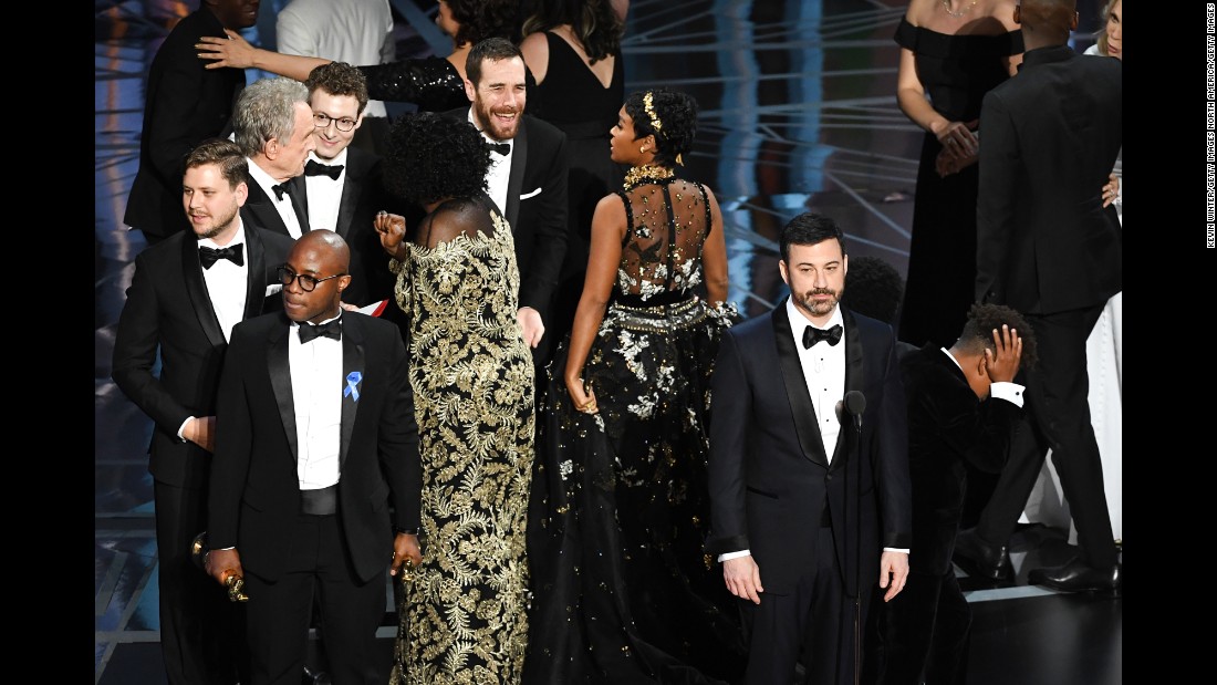 Kimmel speaks as the cast and crew of &quot;Moonlight&quot; celebrate winning best picture.