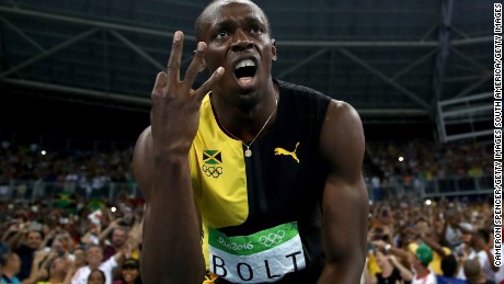 Usain Bolt celebrates after winning the men&#39;s 4x100m relay at Rio 2016 
