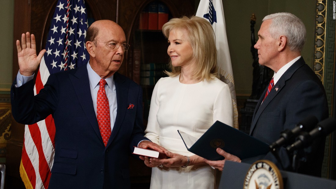 Pence swears in new Commerce Secretary Wilbur Ross as Ross&#39; wife, Hilary, stands by on Tuesday, February 28. The billionaire &lt;a href=&quot;http://money.cnn.com/2017/02/27/investing/wilbur-ross-commerce-secretary-confirmation-senate/&quot; target=&quot;_blank&quot;&gt;was confirmed by the Senate&lt;/a&gt; by a vote of 72-27.