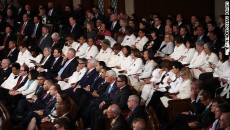 WASHINGTON, DC:  Members of congress wear white to honor the women&#39;s suffrage movement and support women&#39;s rights as President Donald Trump addresses a joint session of the U.S. Congress on February 28, 2017 (Photo by Win McNamee/Getty Images)