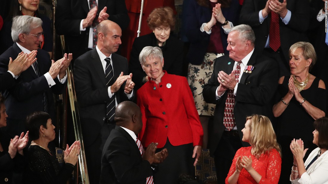 Maureen Scalia, the widow of late Supreme Court Justice Antonin Scalia, is applauded during the speech.