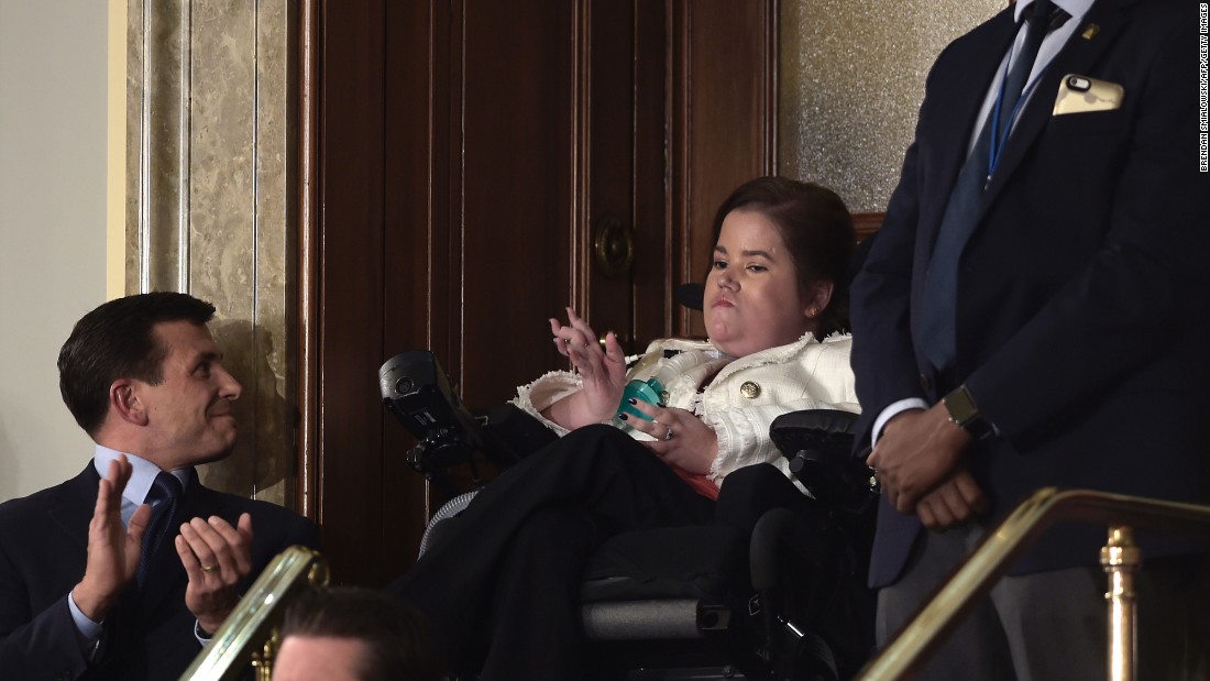 Trump also recognized Megan Crowley, a college student who, at 15 months old, was diagnosed with Pompe disease and wasn&#39;t expected to live past age 5. Her father founded a pharmaceutical company to find a cure. &quot;Megan&#39;s story is about the unbounded power of a father&#39;s love for a daughter,&quot; Trump said. &quot;But our slow and burdensome approval process at the Food and Drug Administration keeps too many advances, like the one that saved Megan&#39;s life, from reaching those in need.&quot;