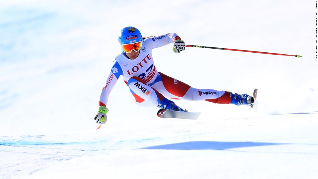 Jasmine Flury of Switzerland is momentarily air-bound at Jeongseon, where she finished 21st. 