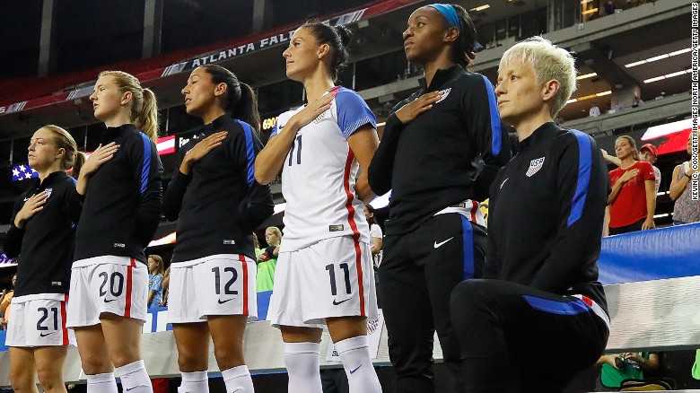 Megan Rapinoe #15 kneels during the National Anthem prior to the match between the US and the Netherlands in September 2016.