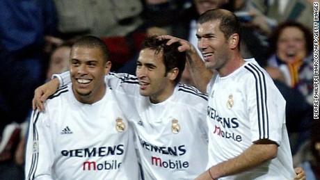 Zidane (right) and Raul (center) celebrate with Real Madrid teammate Ronaldo.