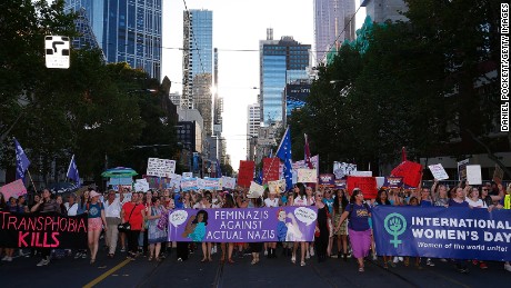 Women in Australia participate in a rally for International Women&#39;s Day on March 8, 2017.