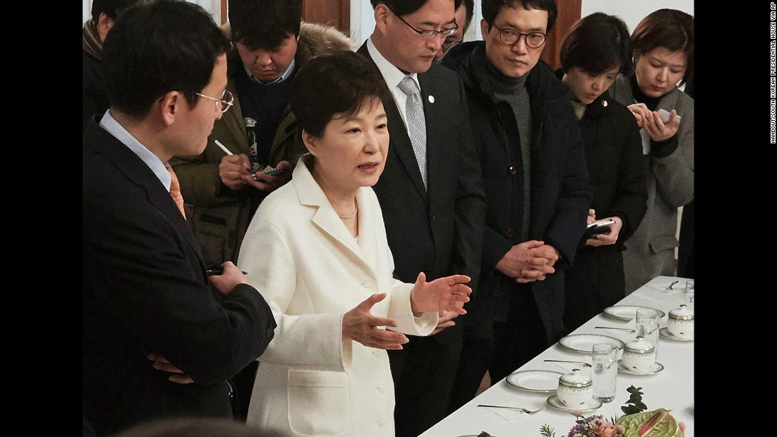 Park speaks to a select group of reporters at the Blue House in January. Park rejected accusations of corruption and refused to step down.
