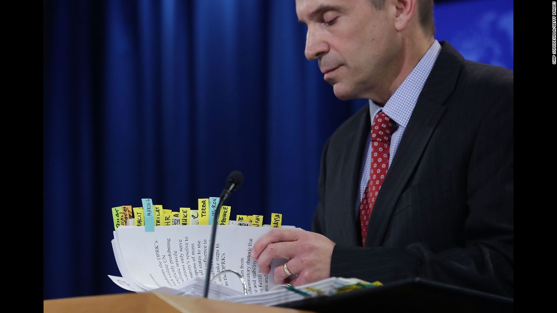 Mark Toner, acting spokesman of the US State Department, thumbs through notes during a press briefing in Washington on Tuesday, March 7. It was the State Department&#39;s &lt;a href=&quot;http://www.cnn.com/2017/03/07/politics/state-department-briefings-resume/&quot; target=&quot;_blank&quot;&gt;first press briefing since President Trump took office.&lt;/a&gt; The news conference lasted just over an hour and included pointed questions on North Korea&#39;s recent missile launch, the administration&#39;s updated travel ban and Secretary Rex Tillerson&#39;s upcoming travel to Asia.