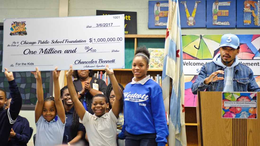 Chance the Rapper holds a news conference after &lt;a href=&quot;http://www.cnn.com/2017/03/06/us/chance-the-rapper-donates-1-million-chicago-public-schools/&quot; target=&quot;_blank&quot;&gt;donating $1 million to Chicago public schools&lt;/a&gt; on Monday, March 6. The recent Grammy Award winner is from Chicago. Over the weekend, the rapper spoke with Illinois Gov. Bruce Rauner to discuss recently announced cuts to school funding.