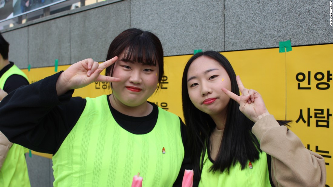 &quot;Today feels like a festival, everyone is happy,&quot; said Mun Ha-neul (left) and Park Hyun-jin (right), both 17, who were celebrating Park&#39;s ouster.