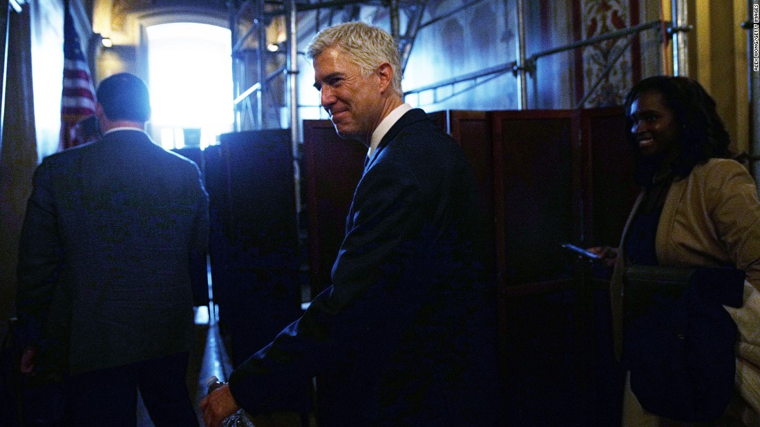 Gorsuch arrives for his Capitol Hill meeting with Hatch. A week later, Gorsuch took exception to Trump calling a federal judge in Seattle a &quot;so-called judge&quot; after that judge blocked the President&#39;s travel ban. Gorsuch described the President&#39;s tweets about the judiciary as &quot;demoralizing&quot; and &quot;disheartening.&quot; 