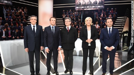 French presidential election candidates (left to right) Francois Fillon, Emmanuel Macron, Jean-Luc Melenchon, Marine Le Pen, Benoit Hamon.