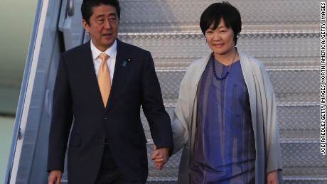 Japanese Prime Minister Shinzo Abe and his wife Akie Abe arrive in Florida in February 2017.
