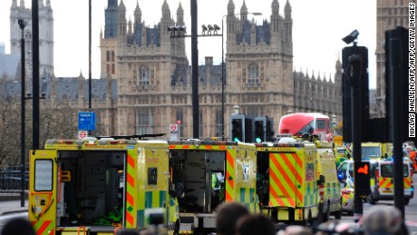 Ambulances wait as members of the emergency services work on Westminster Bridge, alongside the Houses of Parliament in central London on March 22, 2017, during an emergency incident.
British police shot a suspected attacker outside the Houses of Parliament in London on Wednesday after an officer was stabbed in what police said was a &quot;terrorist&quot; incident. One woman has died and others have &quot;catastrophic&quot; injuries following a suspected terror attack outside the British parliament, local media reported on Wednesday citing a junior doctor. / AFP PHOTO / NIKLAS HALLE&#39;N        (Photo credit should read NIKLAS HALLE&#39;N/AFP/Getty Images)