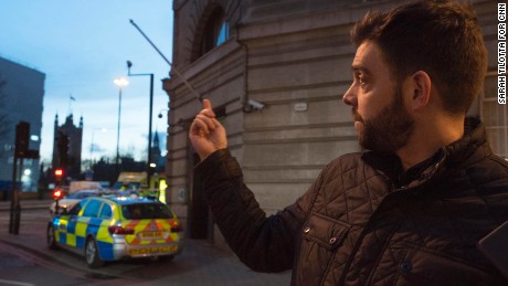 Rob Lyon gestures toward Westminster Bridge: &quot;I stood in shock and saw carnage around me.&quot;
