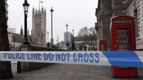 A police security cordon remains around the Houses of Parliament on March 23, 2017 in London.