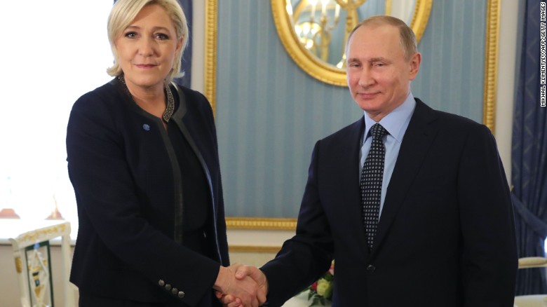 Russian President Vladimir Putin meets with Marine Le Pen at the Kremlin in Moscow on March 24, 2017.