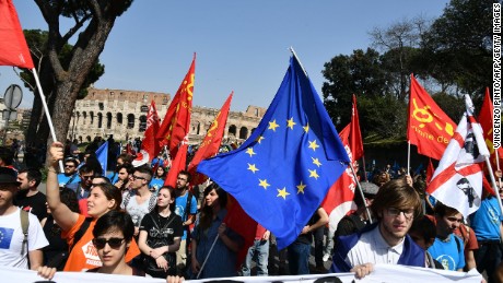 People take part in a pro-Europe demonstration Saturday near the Colosseum in Rome. 