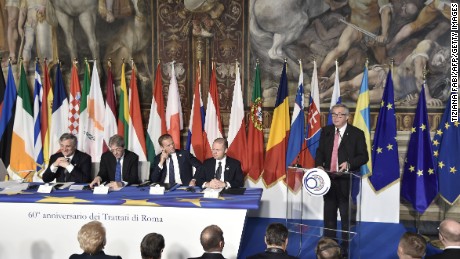 European Commission chief Jean-Claude Juncker addresses a summit of EU leaders Saturday in Rome.