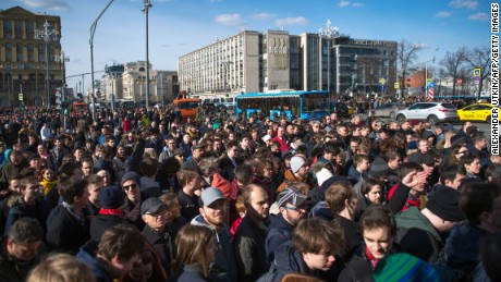 Opposition supporters take part in an unauthorized anti-corruption rally in central Moscow on Sunday.