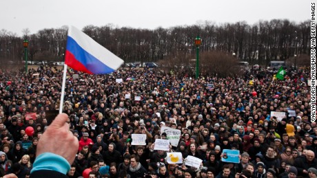 Opposition supporters participate in an anti-corruption rally in central Saint Petersburg on March 26.