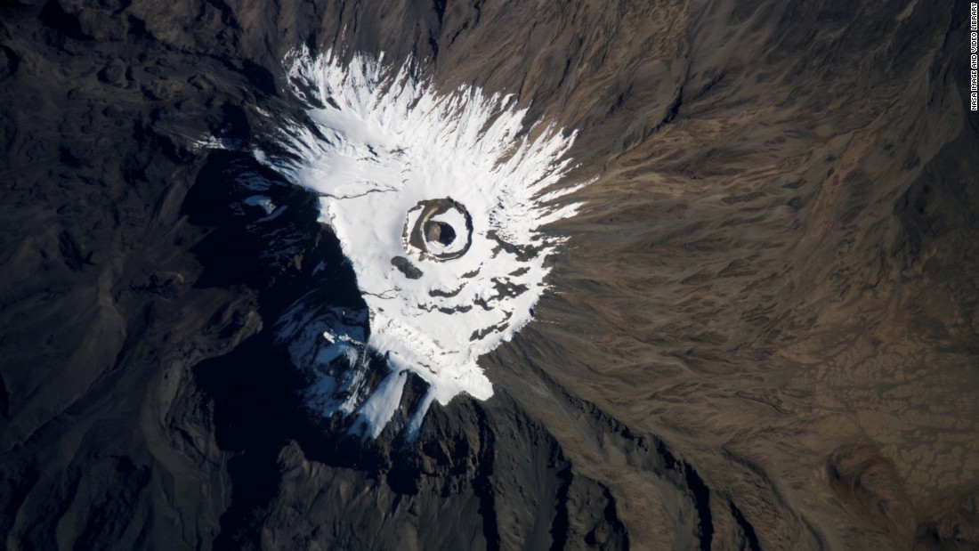 A crew member on the International Space Station captured this image of  Mount Kilimanjaro, Tanzania, covered in snow and ice in 2007. 