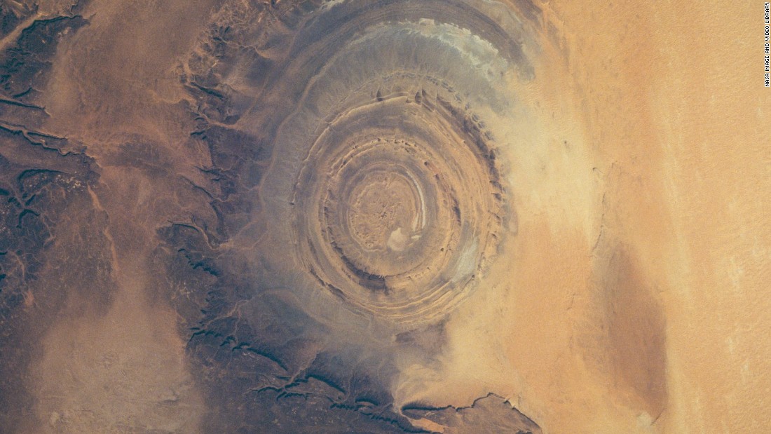 The Richat Structure, a geographical feature in the Sahara, is pictured in 1993 sitting in the Gres de Chinguetti Plateau in central Mauritania, northwest Africa. 
