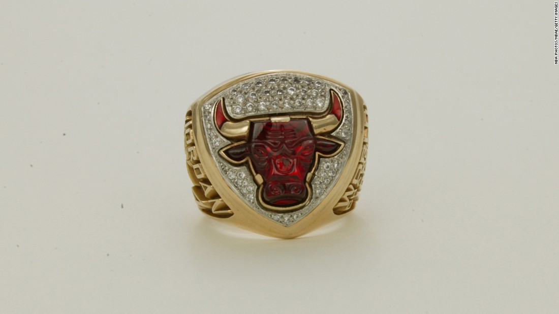 The Chicago Bulls&#39; ring in 1993 featured a jewel-encrusted red bull. Note the name Jordan -- as in Bulls iconic guard Michael Jordan -- on the side of the ring.