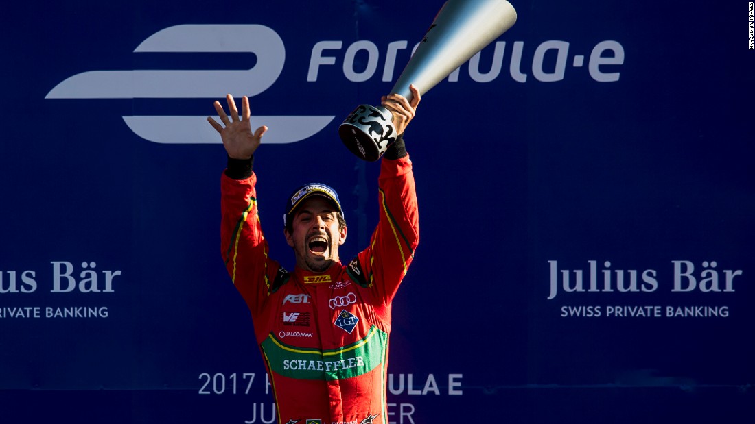 Lucas di Grassi celebrates at the Autodromo Hermanos Rodriguez after winning the Mexico City ePrix.