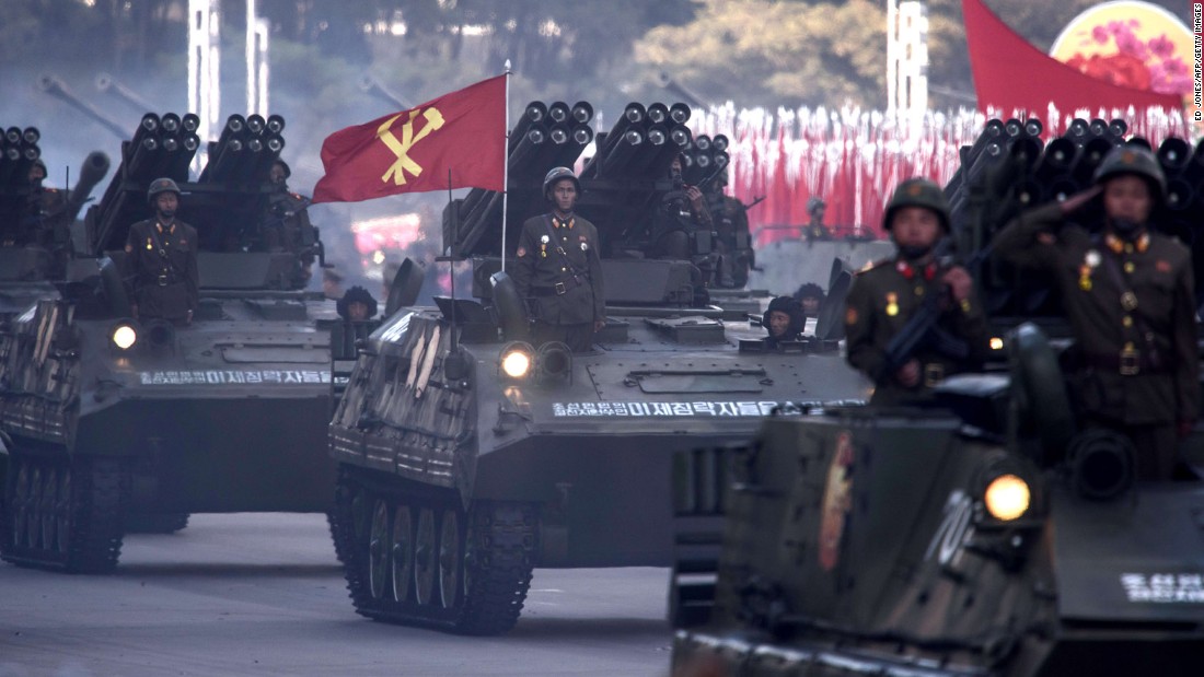 North Korean mobile rocket launchers are displayed during a mass military parade at Kim Il Sung square in Pyongyang on October 10, 2015.